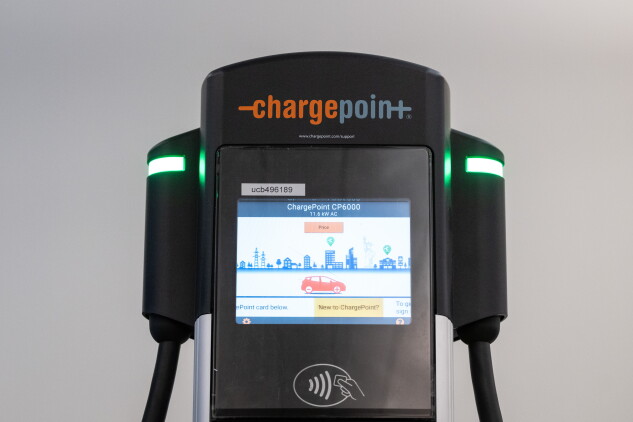 An AC charger at a vibration and seismic shock station at the ChargePoint Advanced Test Facility in San Jose, Calif., on April 12, 2023.