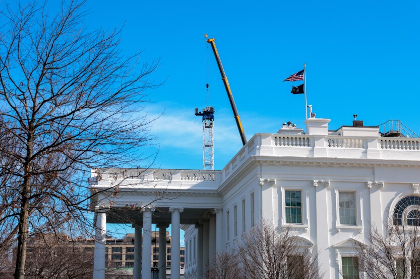 A tower crane as ballroom construction continues at the White House in Washington, DC, US, on Tuesday, Jan. 13, 2026. The new ballroom structure will measure 89,000 square feet in total, including the major banquet space as well as offices for the First Lady and a movie theater.